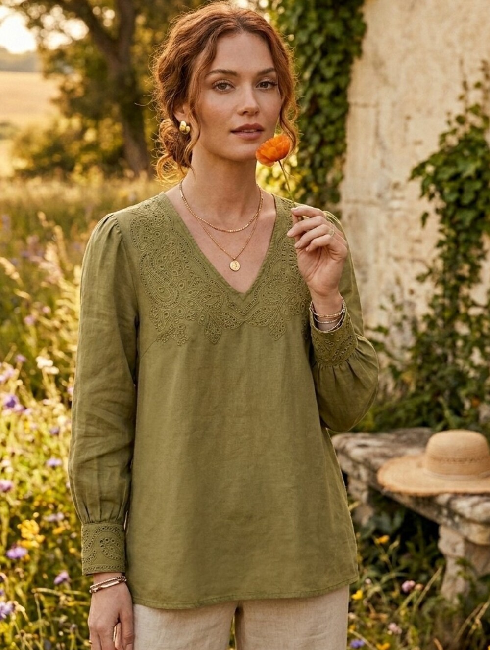 Joie Paisley Embroidered Buttery Soft Lyocell V-Neck Peasant Blouse Olive M
